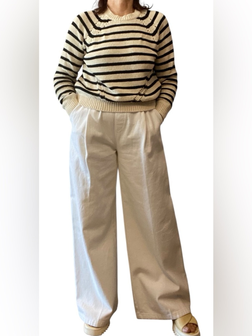 Classic Striped Crewneck Sweater Cream & Black 70% Cotton Scandi Streetwear M